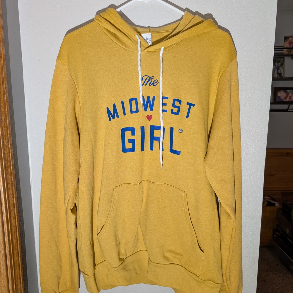 Mustard Yellow 'The Midwest Girl' Hoodie with Blue Lettering